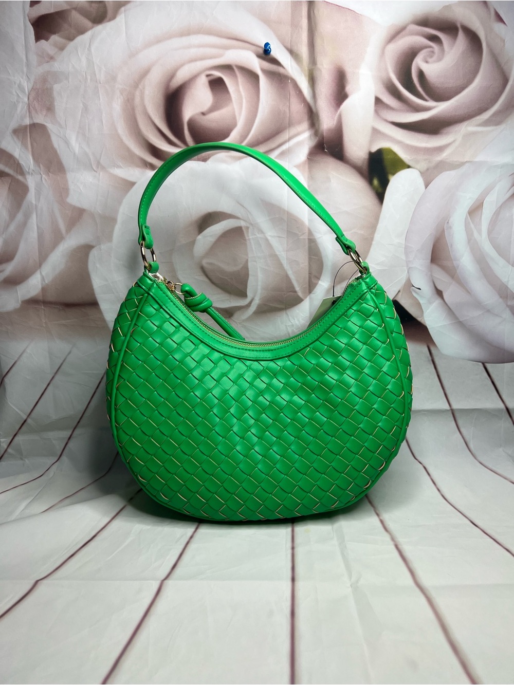 Green Woven Crescent Shoulder Bag with Top Handle